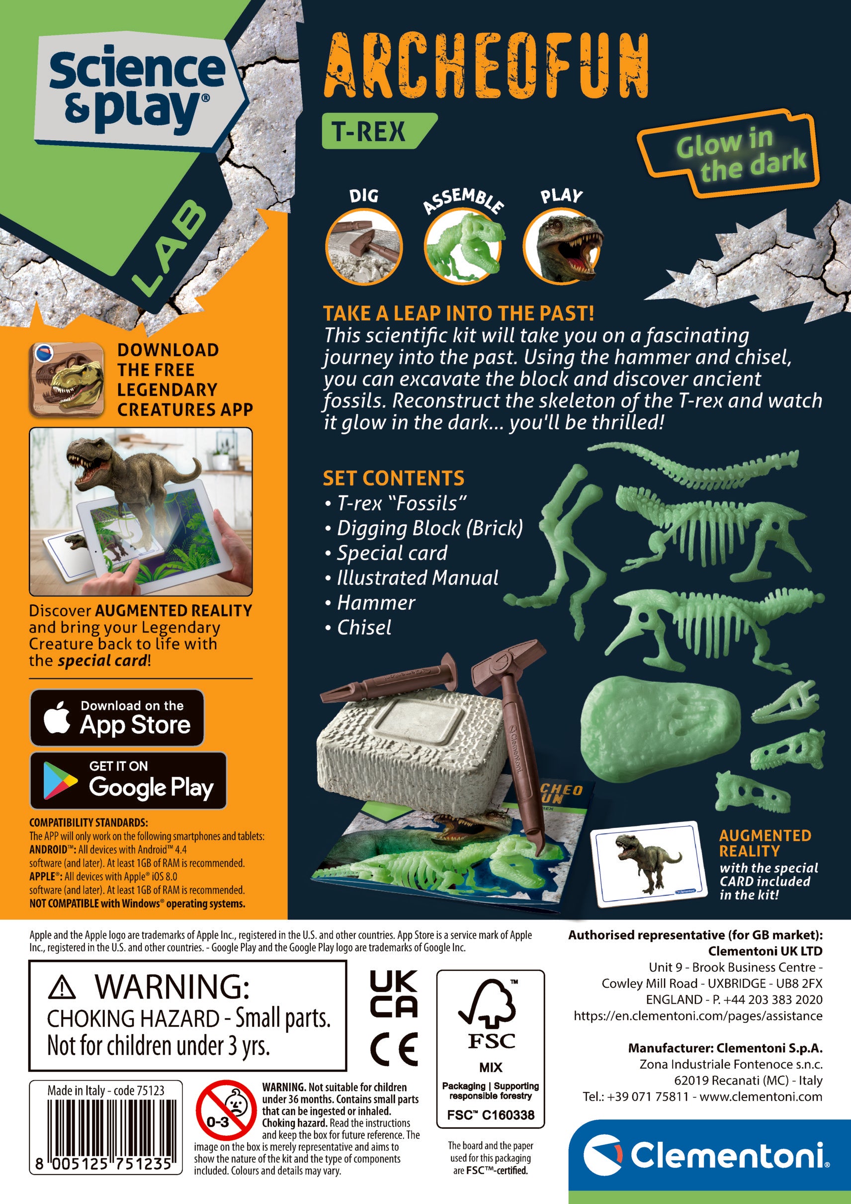 Clementoni Archeofun T-REX Chisel Glow In The Dark Kids Science Kit P20858 Clementoni Archeofun T-REX Chisel Glow In The Dark Kids Science Kit P20858